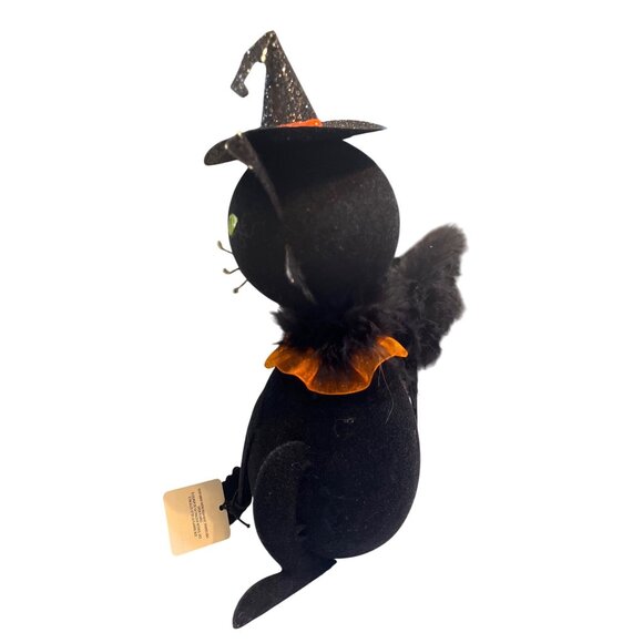 Vtg Pier 1 Imports 10" Flocked Glitter Black Cat Witches Hat Feather Halloween - Picture 6 of 7